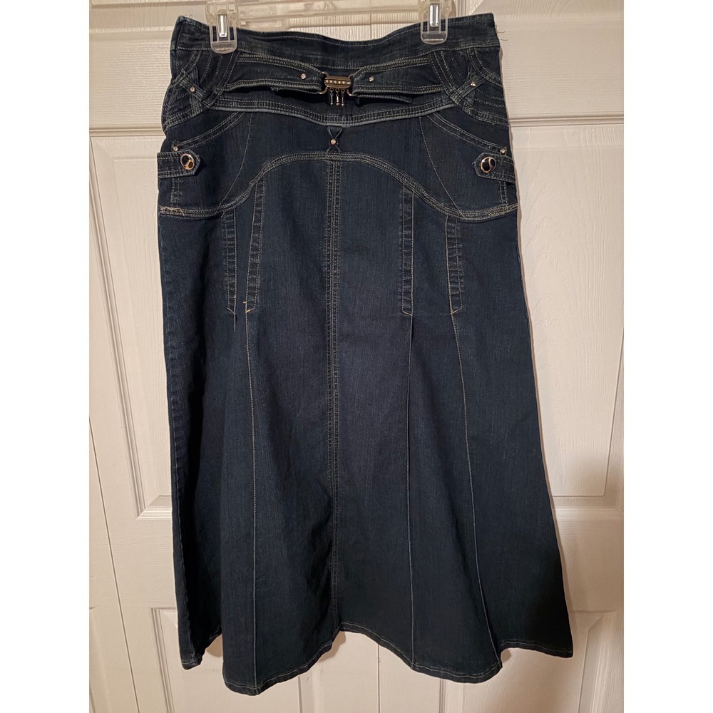 Dark Wash Denim Midi Skirt Y2K Rhinestone Utility Contrast Stitch Size 13-14